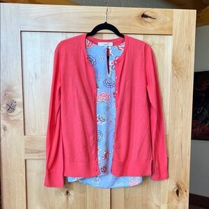 LOFT Set - Keyhole tank and matching cardigan, size M, Light Blue Floral & Coral